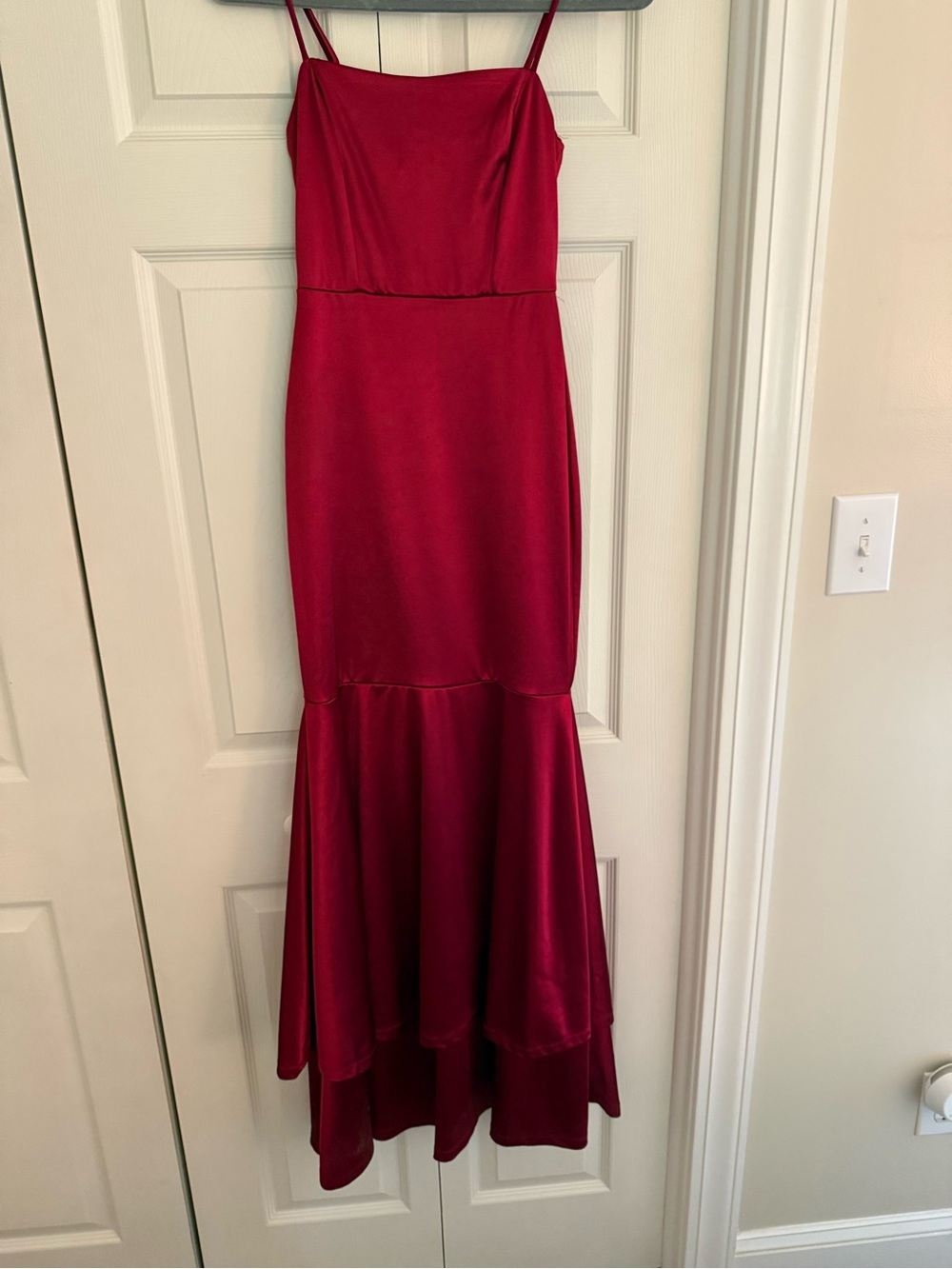 Lulu's Red Satin Spaghetti-Strap Mermaid Maxi Dress